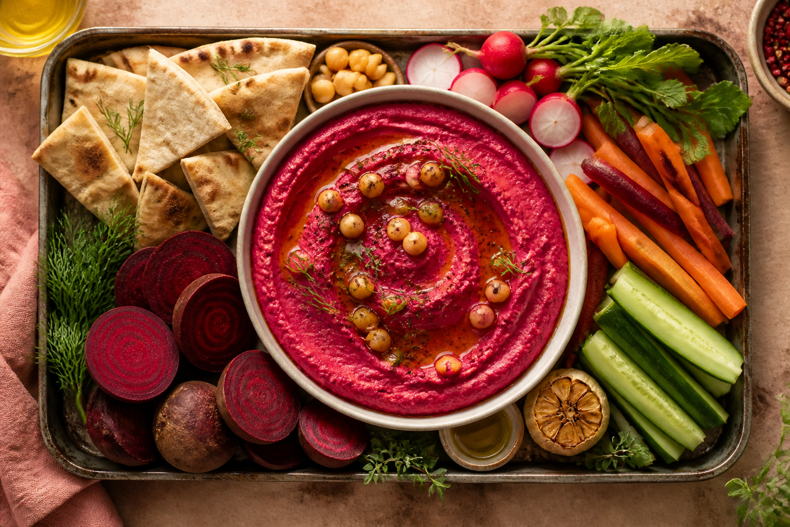 Overhead shot of Roasted Beet Hummus plated appetizingly in a baking tray