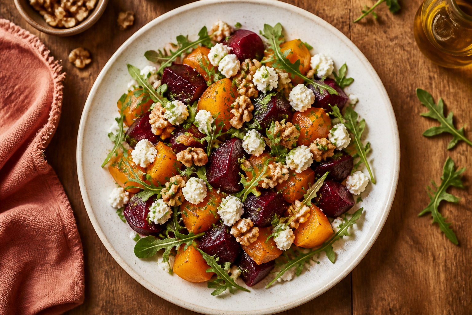 Overhead shot of Roasted Beet Salad with Feta and Walnuts plated appetizingly in a wide clean plate