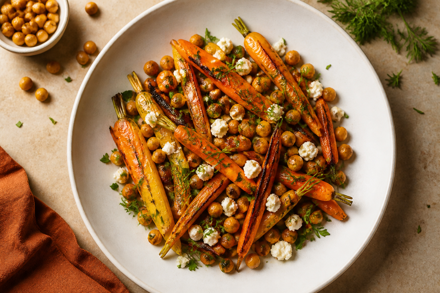 Overhead shot of Roasted Carrot and Chickpea Salad plated appetizingly in a wide clean plate