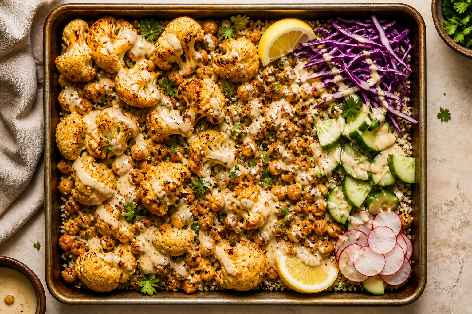Overhead shot of Roasted Cauliflower Chickpea Bowl with Tahini plated appetizingly in a baking tray