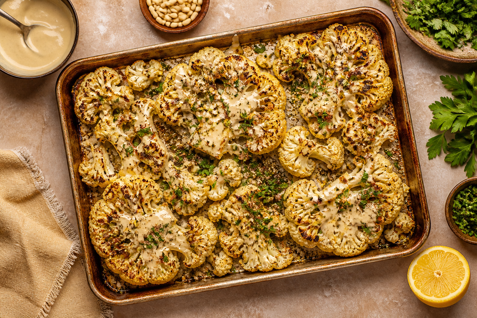 Overhead shot of Roasted Cauliflower with Tahini and Herbs plated appetizingly in a baking tray