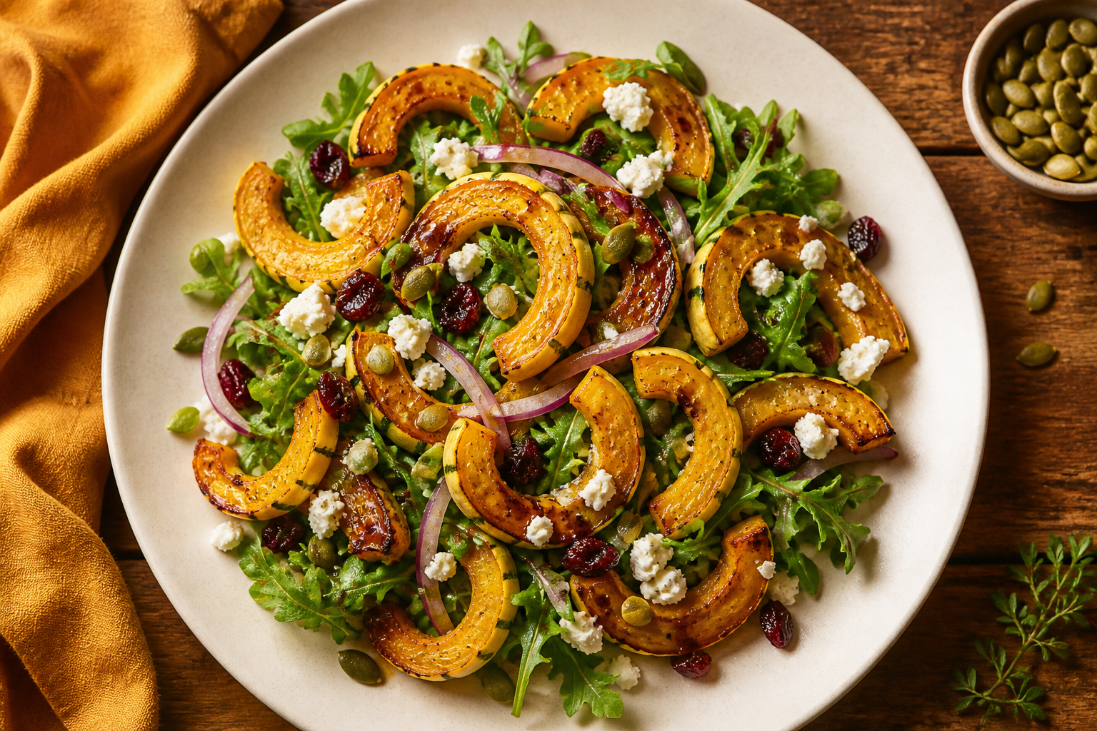 Overhead shot of Roasted Delicata Squash and Pepita Salad with Maple Vinaigrette plated appetizingly in a wide clean plate