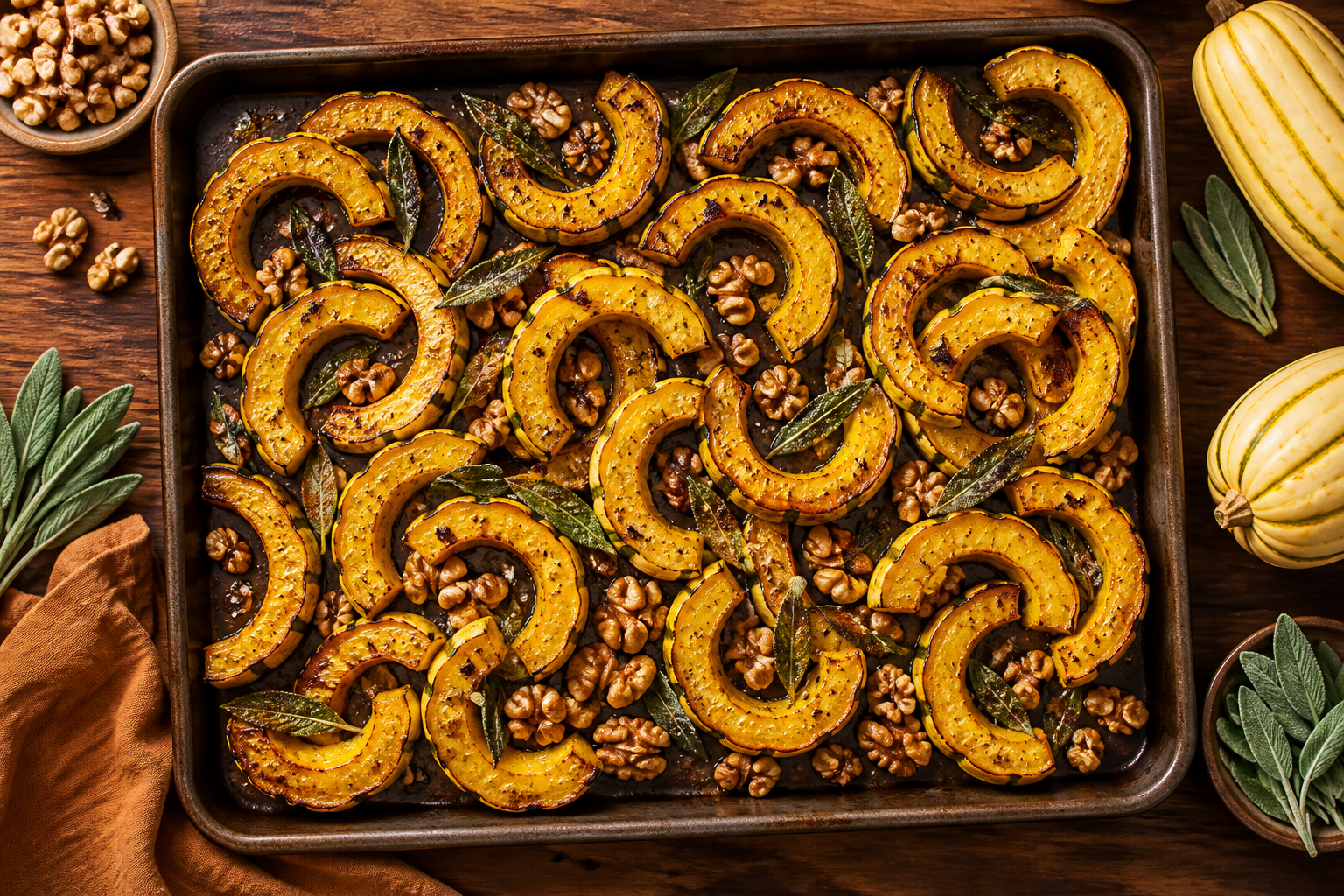 Overhead shot of Roasted Delicata Squash with Sage and Walnuts plated appetizingly in a baking tray
