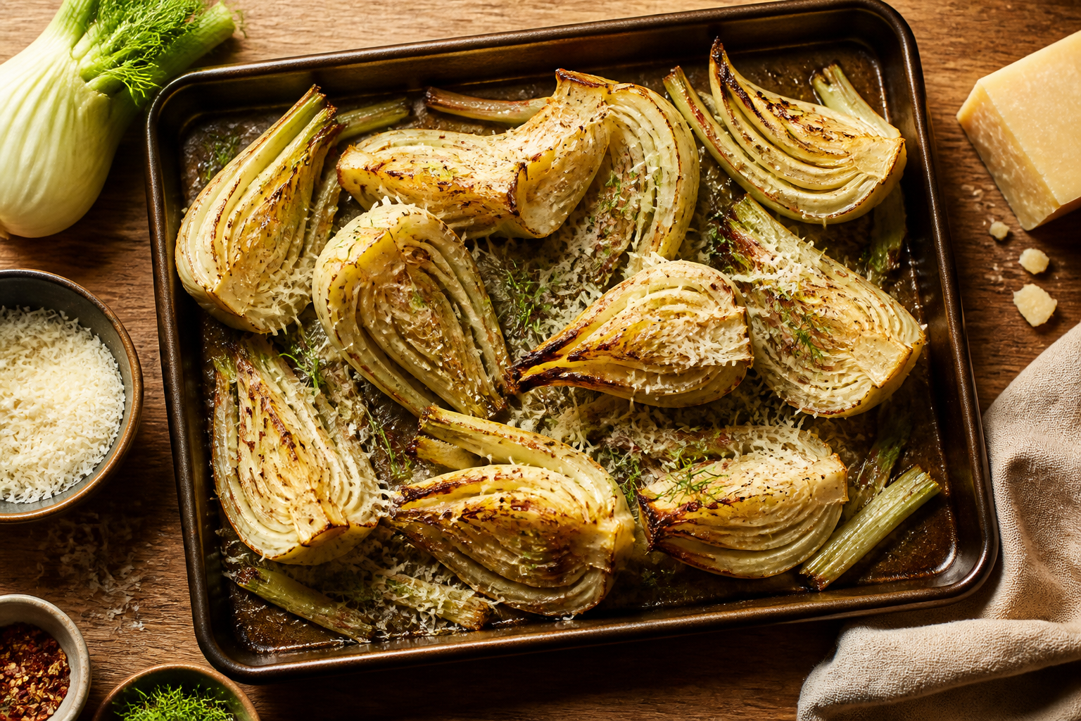 Overhead shot of Roasted Fennel with Parmesan plated appetizingly in a baking tray