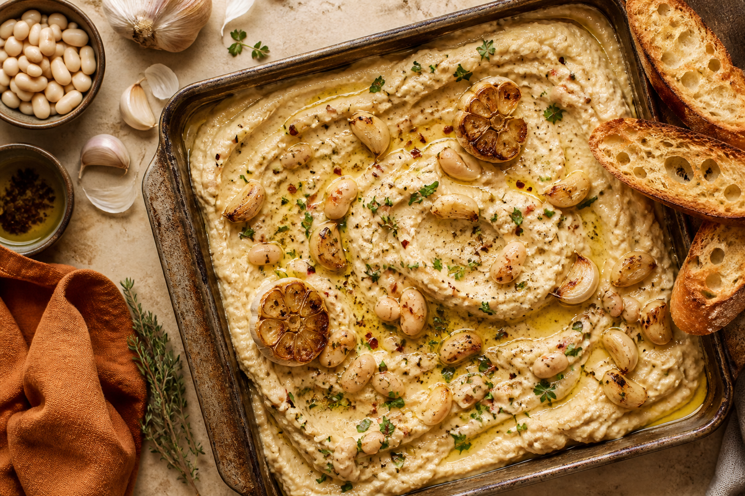 Overhead shot of Roasted Garlic and White Bean Dip plated appetizingly in a baking tray