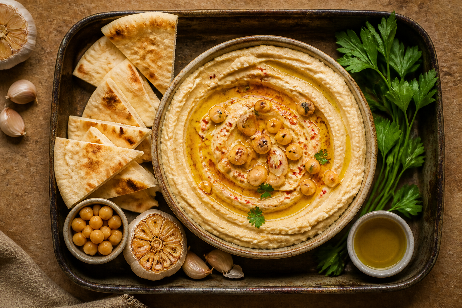 Overhead shot of Roasted Garlic Hummus plated appetizingly in a baking tray
