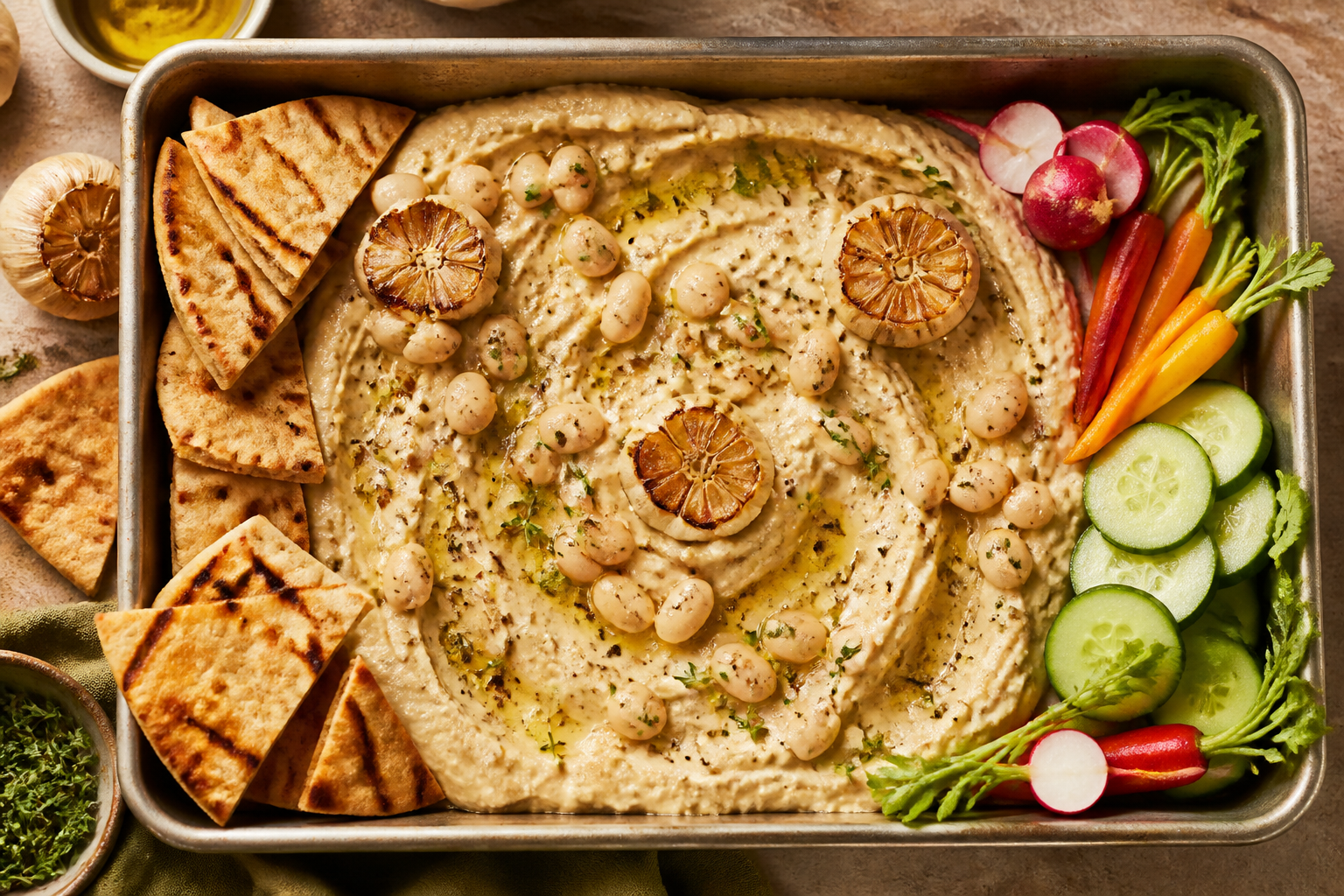 Overhead shot of Roasted Garlic White Bean Dip plated appetizingly in a baking tray