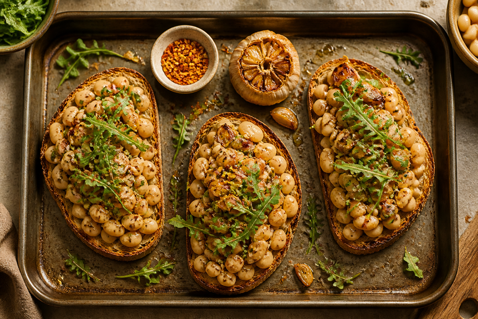 Overhead shot of Roasted Garlic White Bean Toast with Arugula plated appetizingly in a baking tray