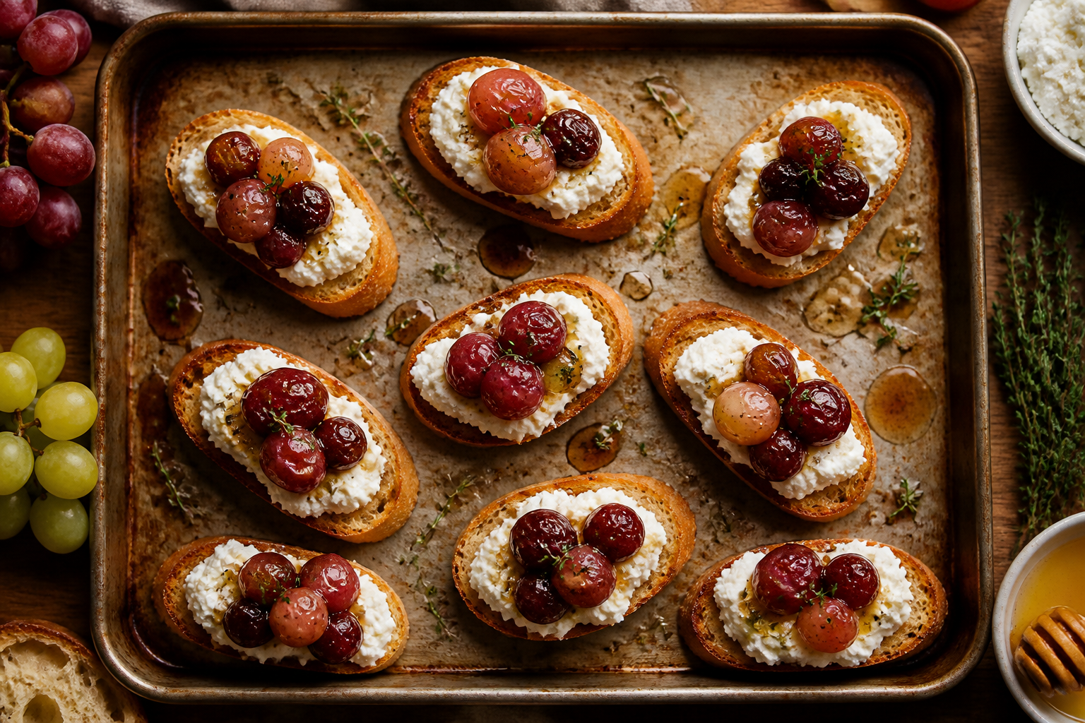 Overhead shot of Roasted Grape and Ricotta Crostini plated appetizingly in a baking tray