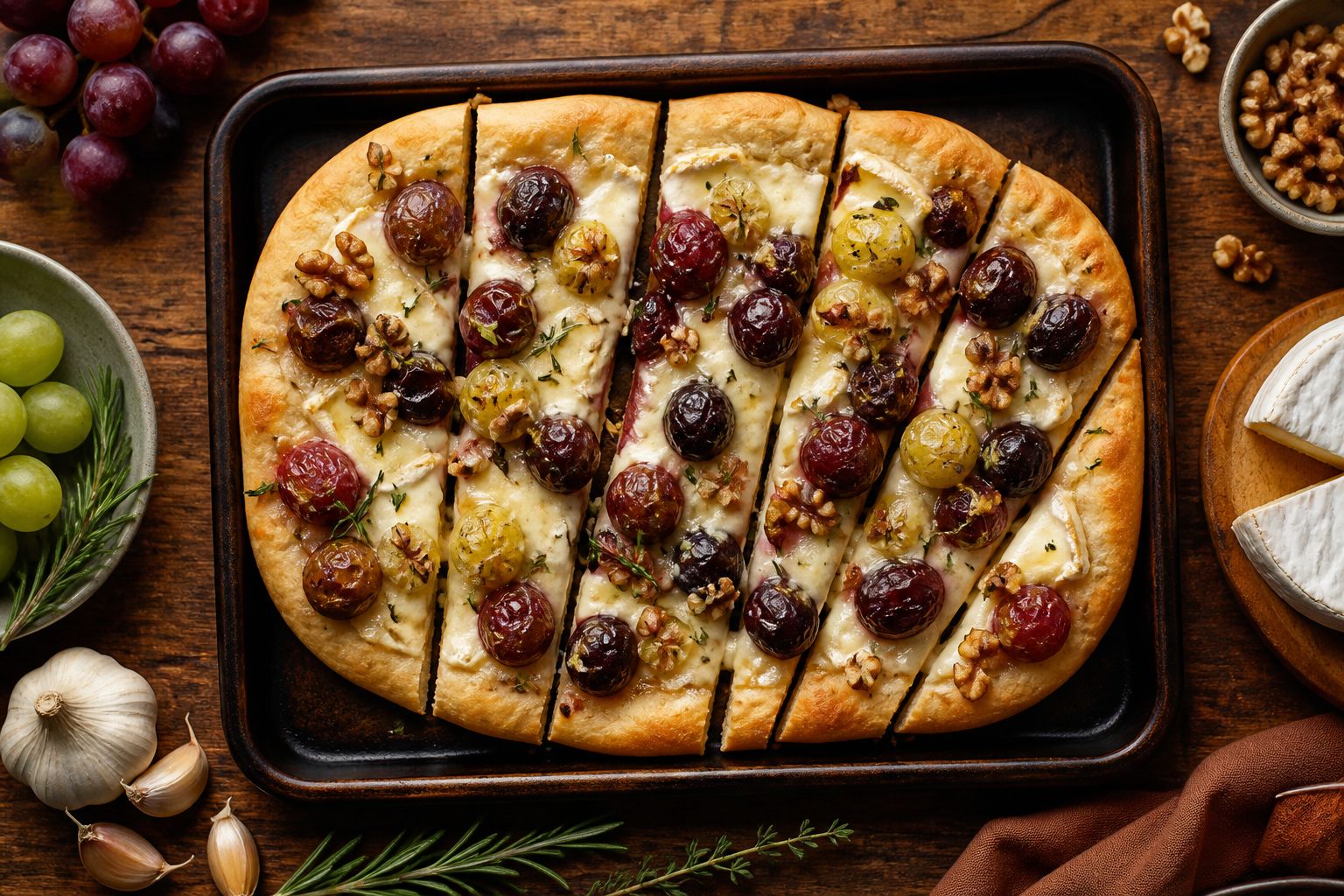 Overhead shot of Roasted Grapes and Brie Flatbread plated appetizingly in a baking tray