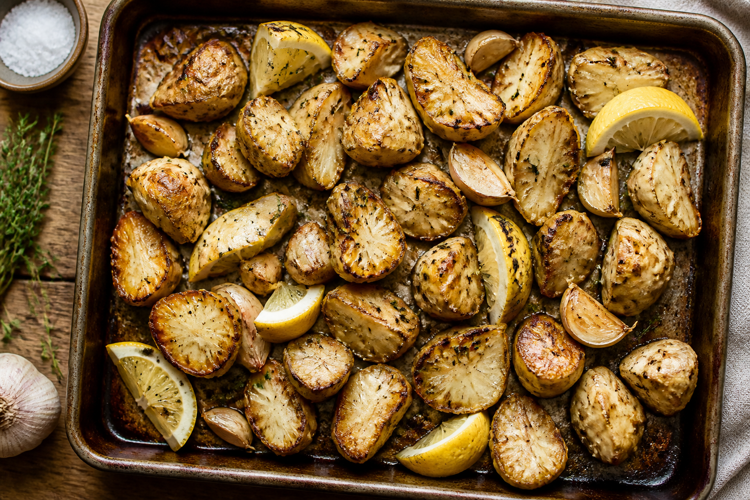 Overhead shot of Roasted Jerusalem Artichokes with Lemon plated appetizingly in a baking tray