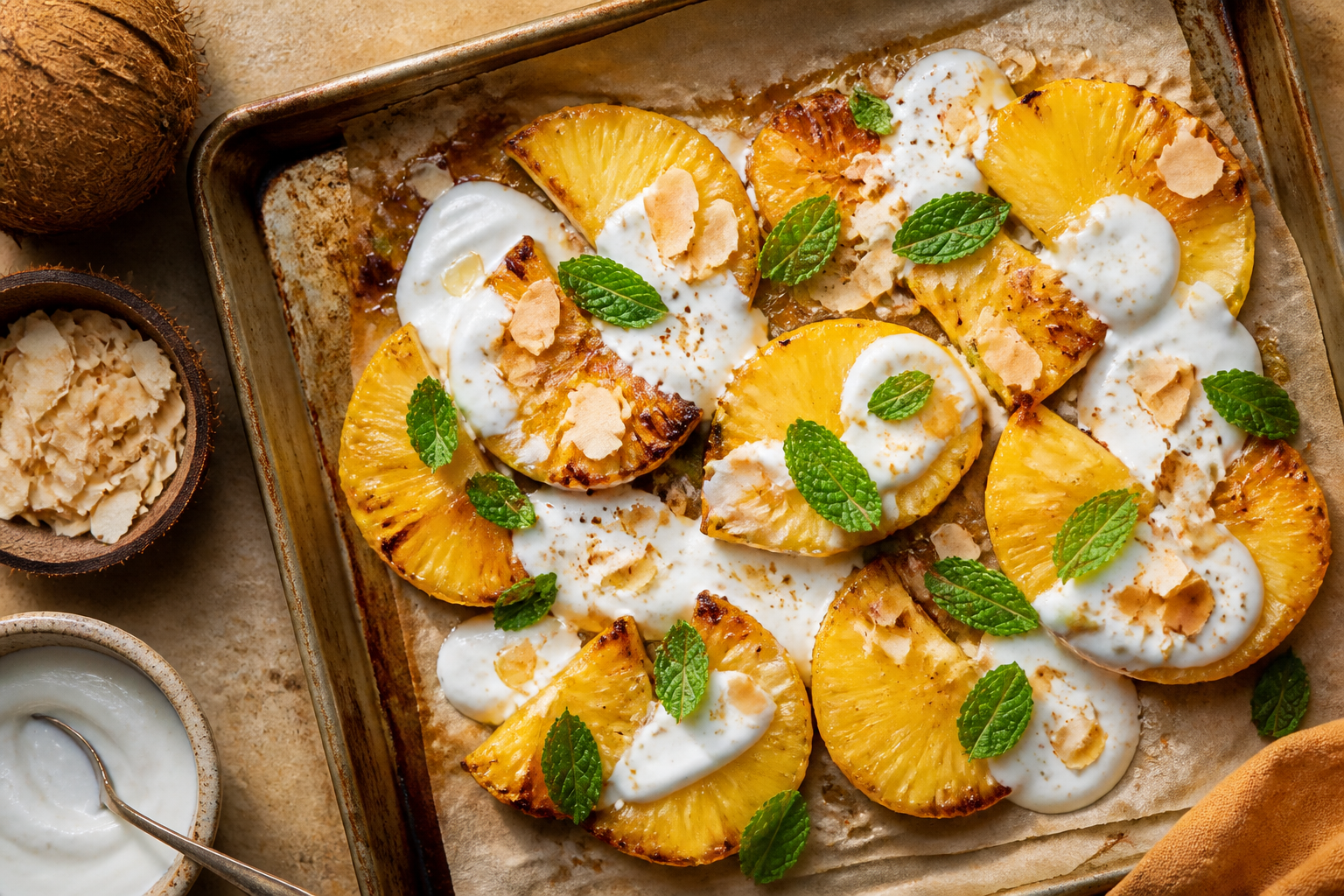 Overhead shot of Roasted Pineapple with Coconut Yogurt plated appetizingly in a baking tray