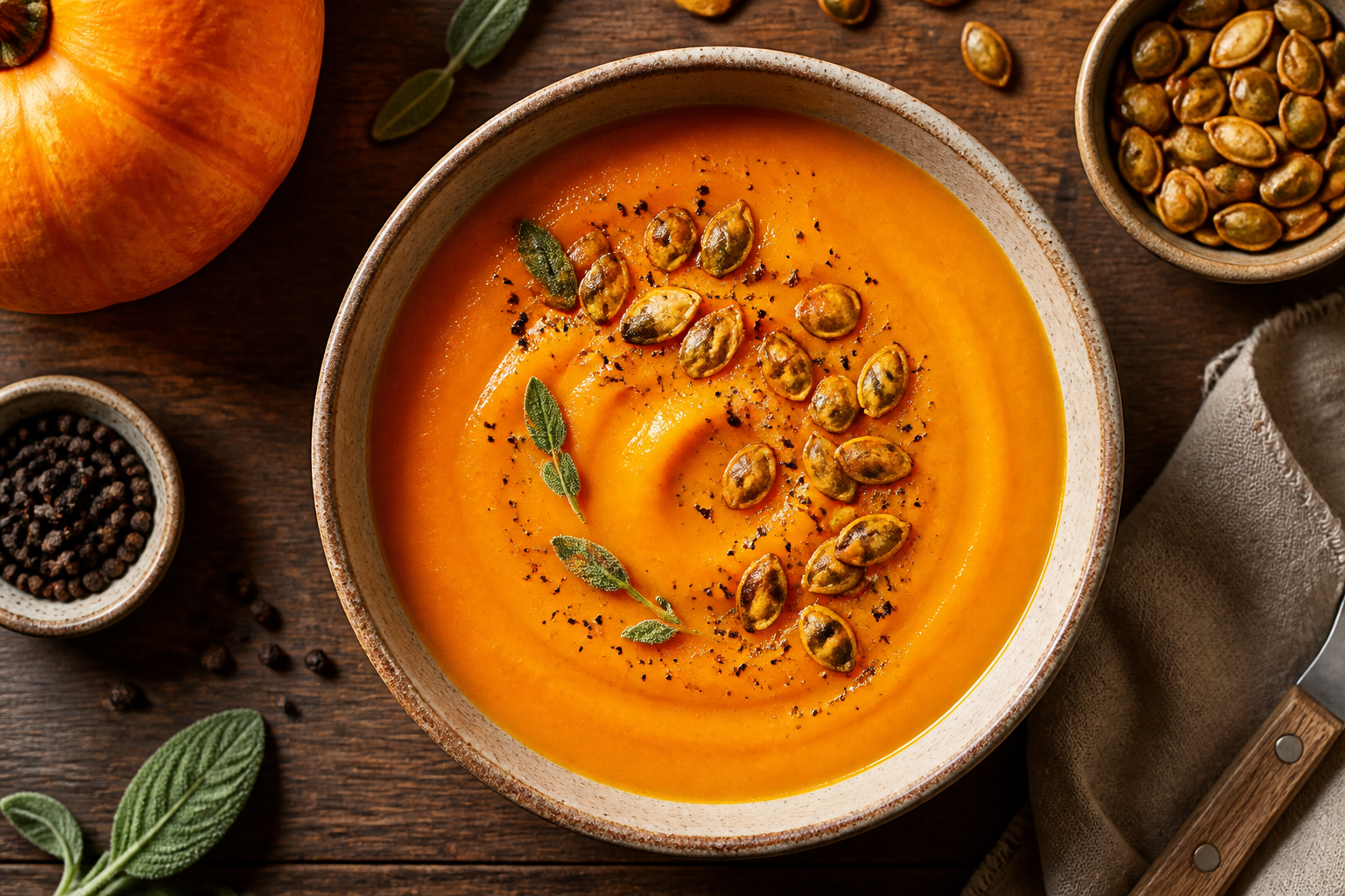 Overhead shot of Roasted Pumpkin Seed and Pumpkin Soup plated appetizingly in a ceramic bowl