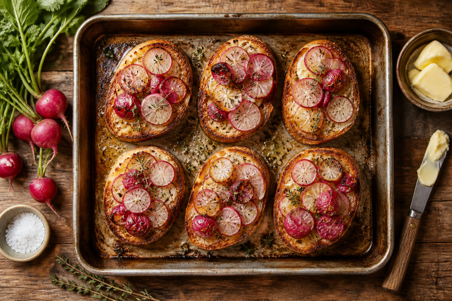 Overhead shot of Roasted Radish and Butter Toast plated appetizingly in a baking tray