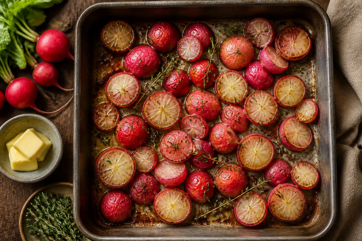 Overhead shot of Roasted Radishes with Butter and Thyme plated appetizingly in a baking tray