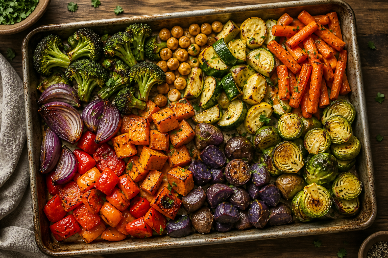Overhead shot of Roasted Rainbow Vegetable Bowl plated appetizingly in a baking tray