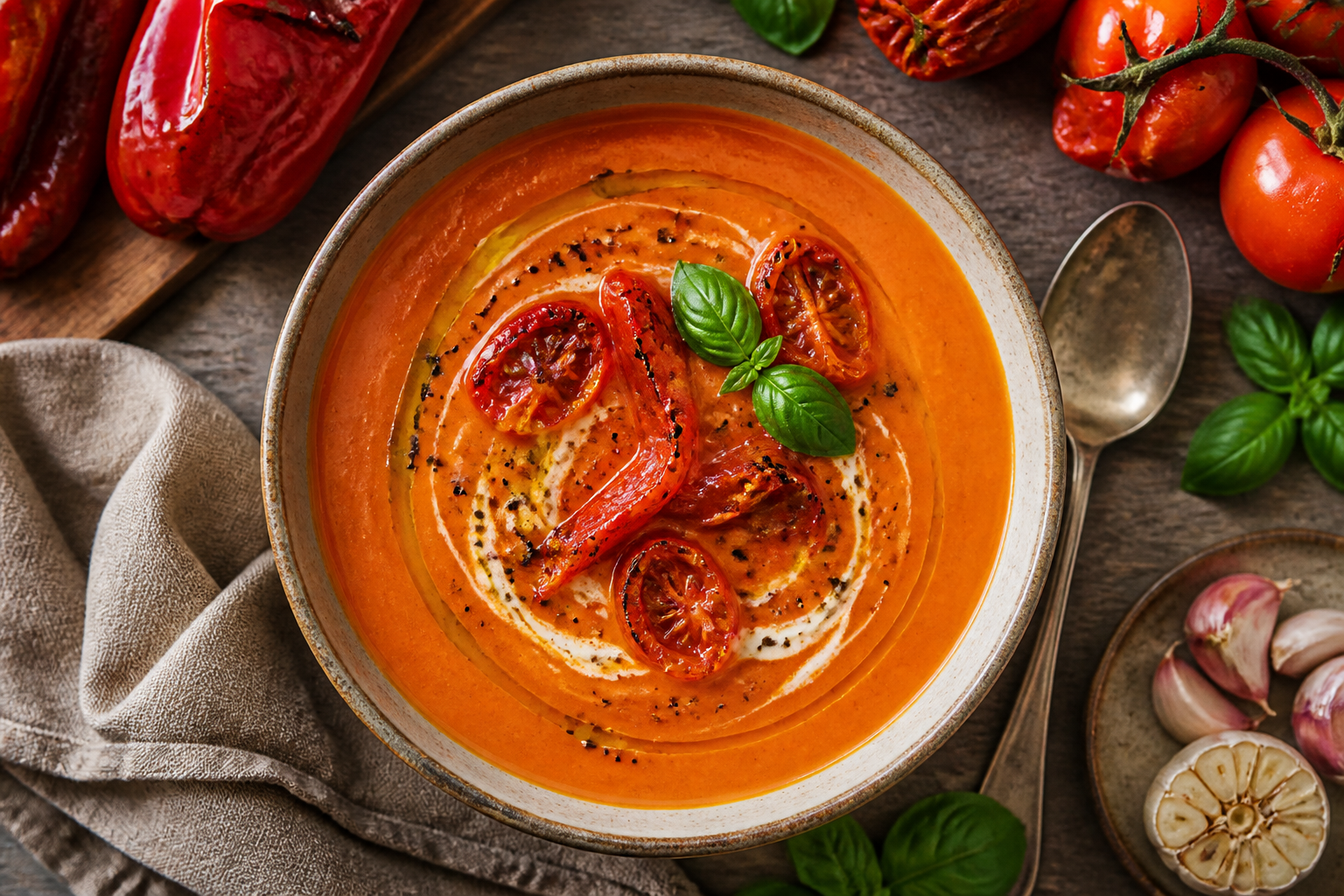 Overhead shot of Roasted Red Pepper and Tomato Soup plated appetizingly in a ceramic bowl