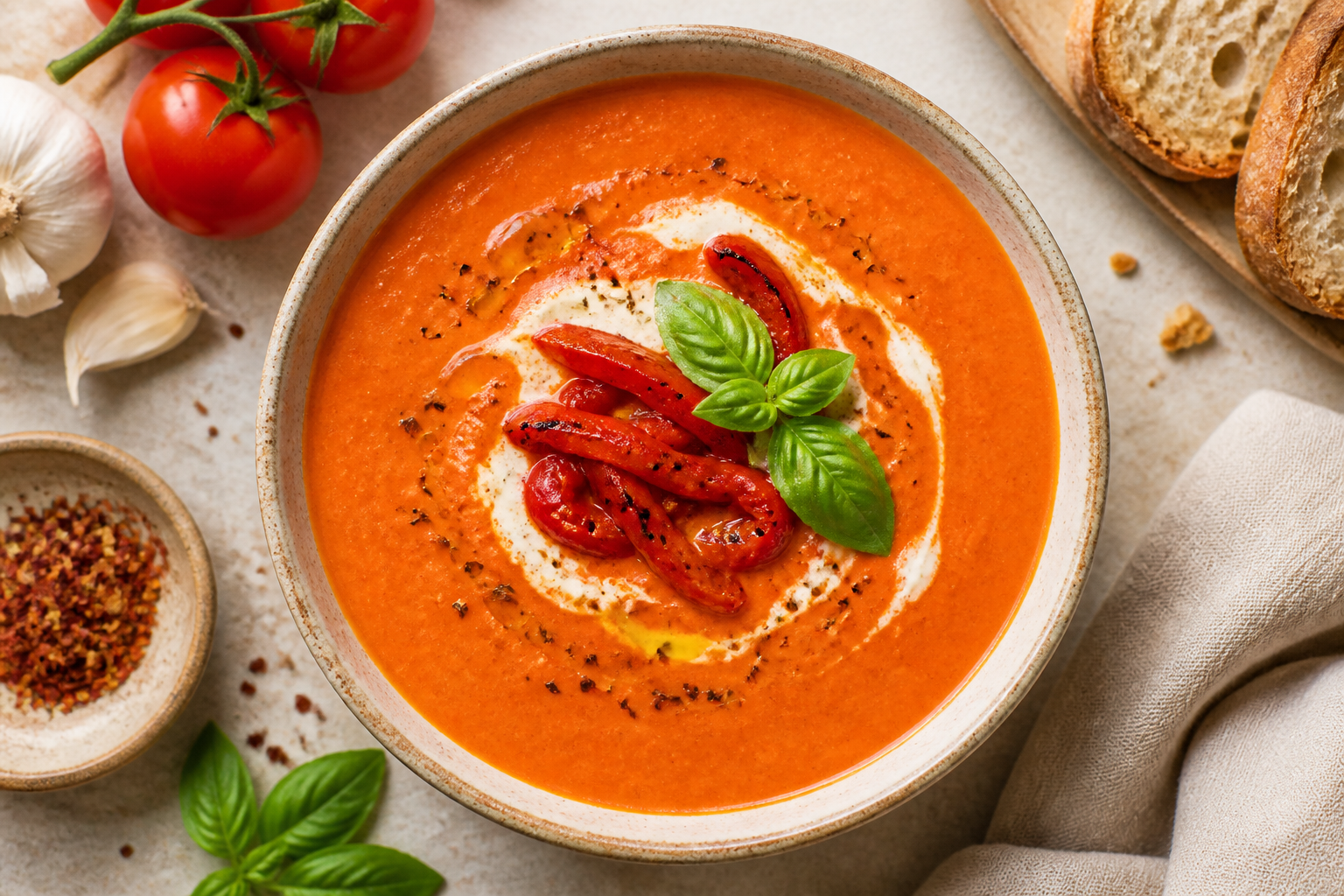 Overhead shot of Roasted Red Pepper Tomato Soup plated appetizingly in a ceramic bowl