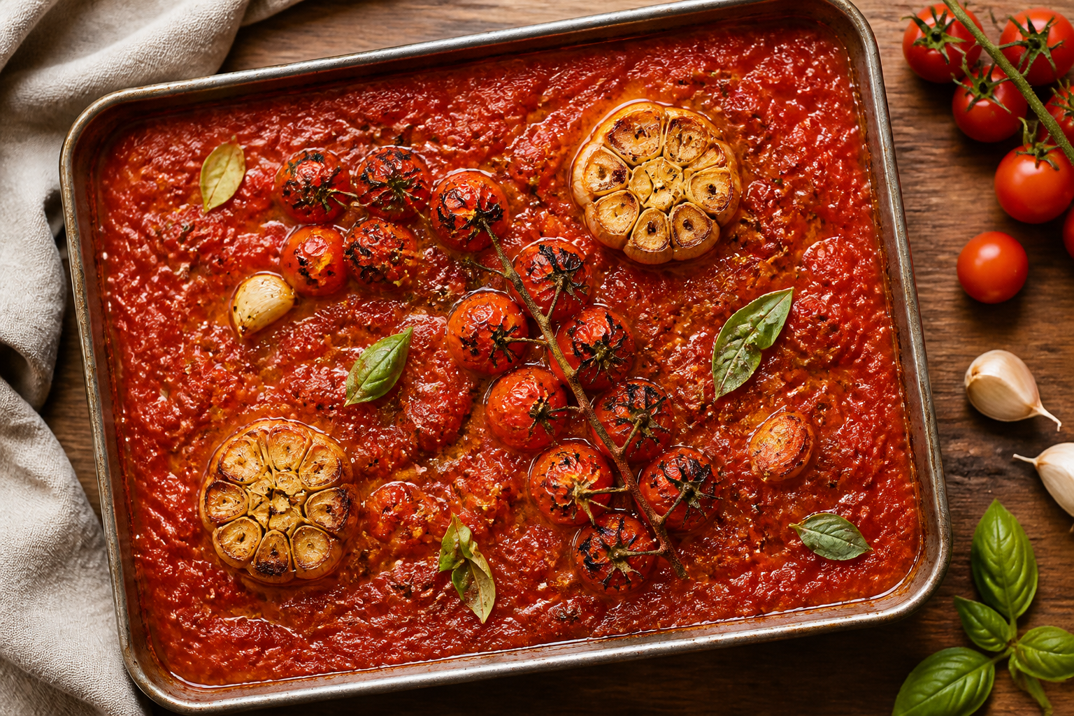 Overhead shot of Roasted Tomato and Garlic Sauce plated appetizingly in a baking tray