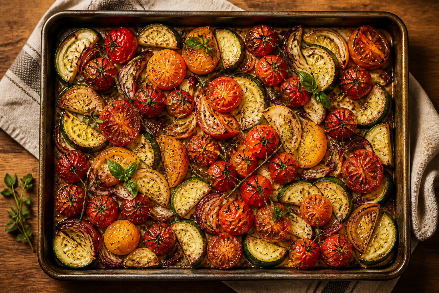 Overhead shot of Roasted Tomato and Zucchini Medley plated appetizingly in a baking tray