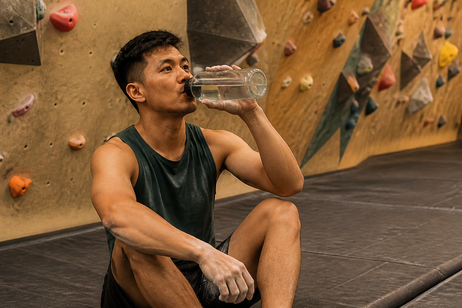 Filipino man in his 30s seated on a climbing gym floor between attempts