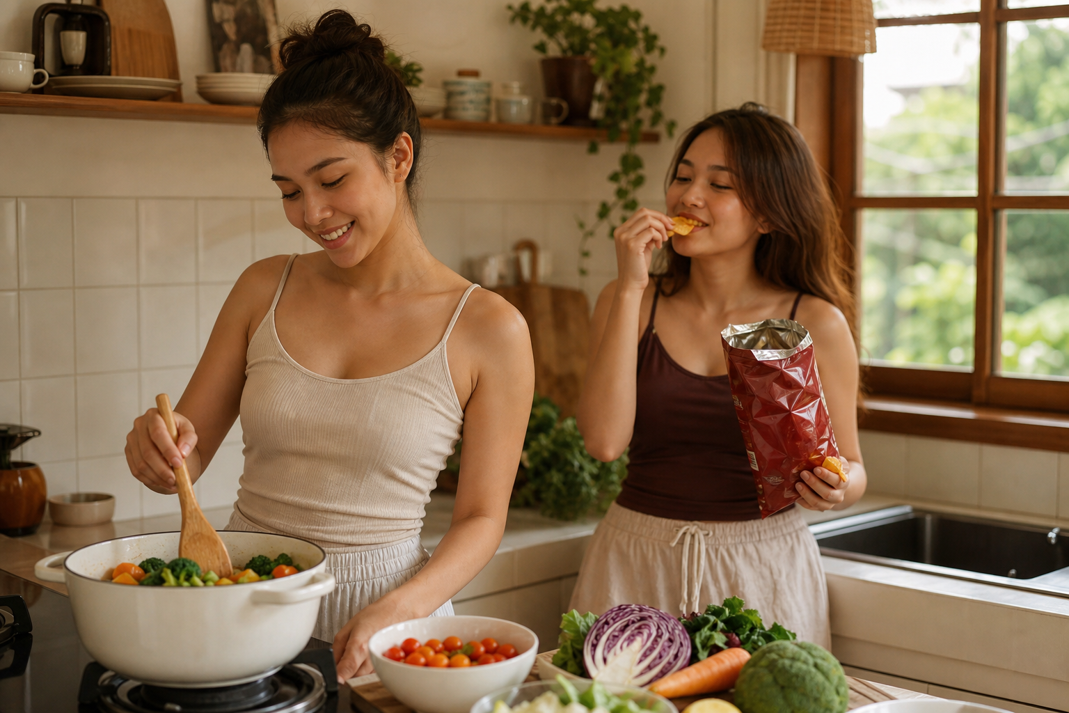 Two Filipino women in their 20s in a shared kitchen