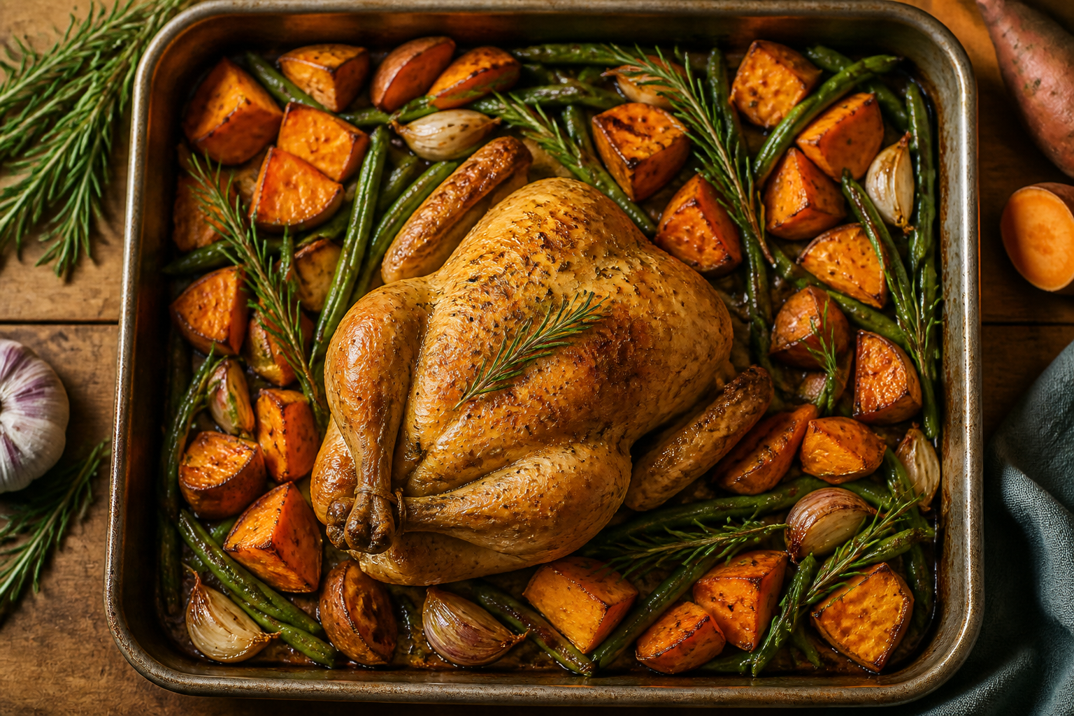 Overhead shot of Rosemary Roasted Chicken with Sweet Potato and Green Beans plated appetizingly in a baking tray
