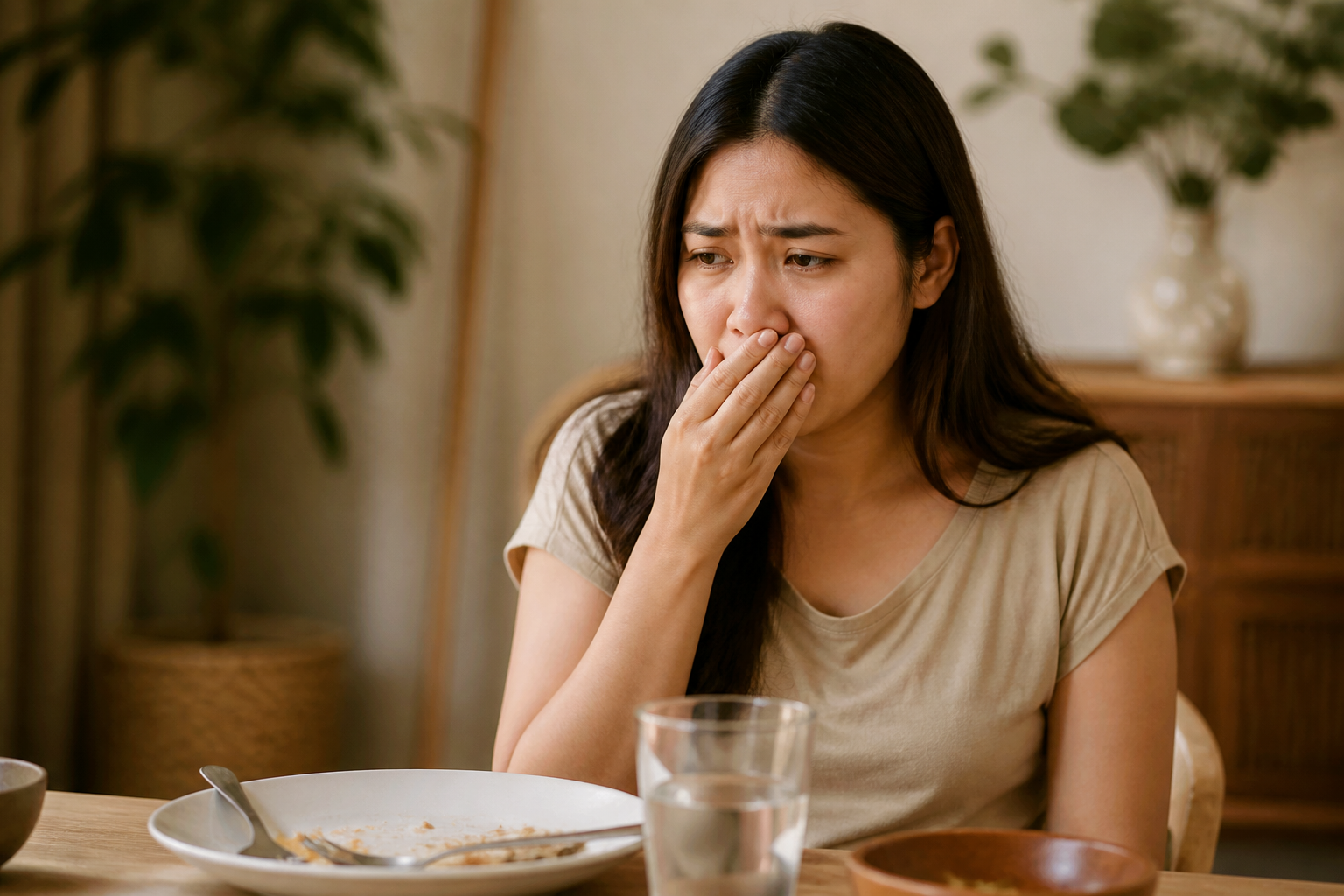Filipino woman in her 20s seated at a table after eating