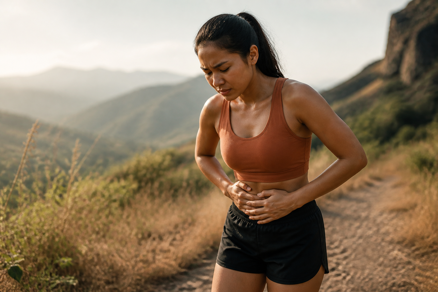 Filipino woman runner stopping on a trail to press her abdomen