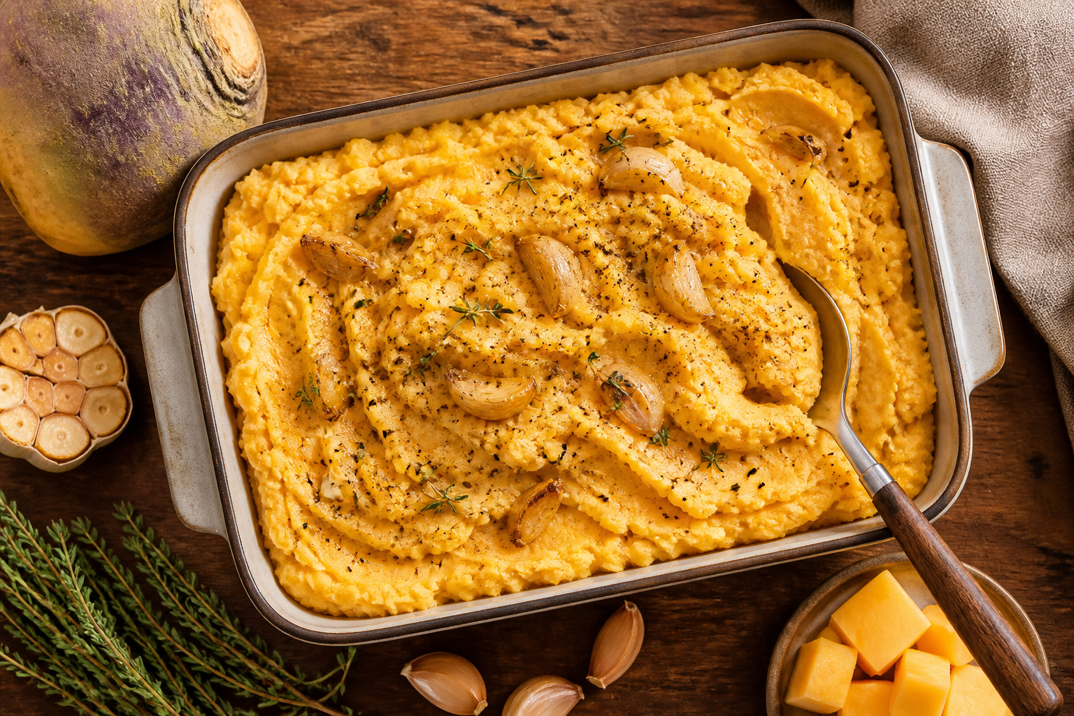 Overhead shot of Rutabaga Mash with Roasted Garlic plated appetizingly in a baking tray