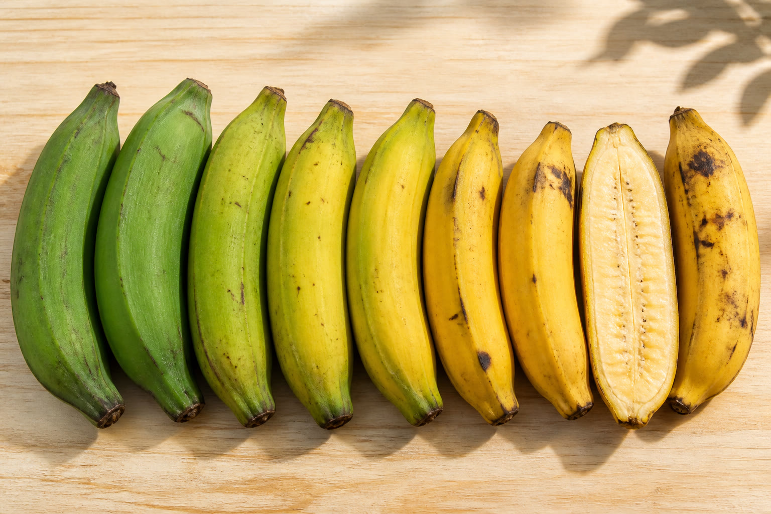 Saba bananas at different ripeness stages with one sliced open