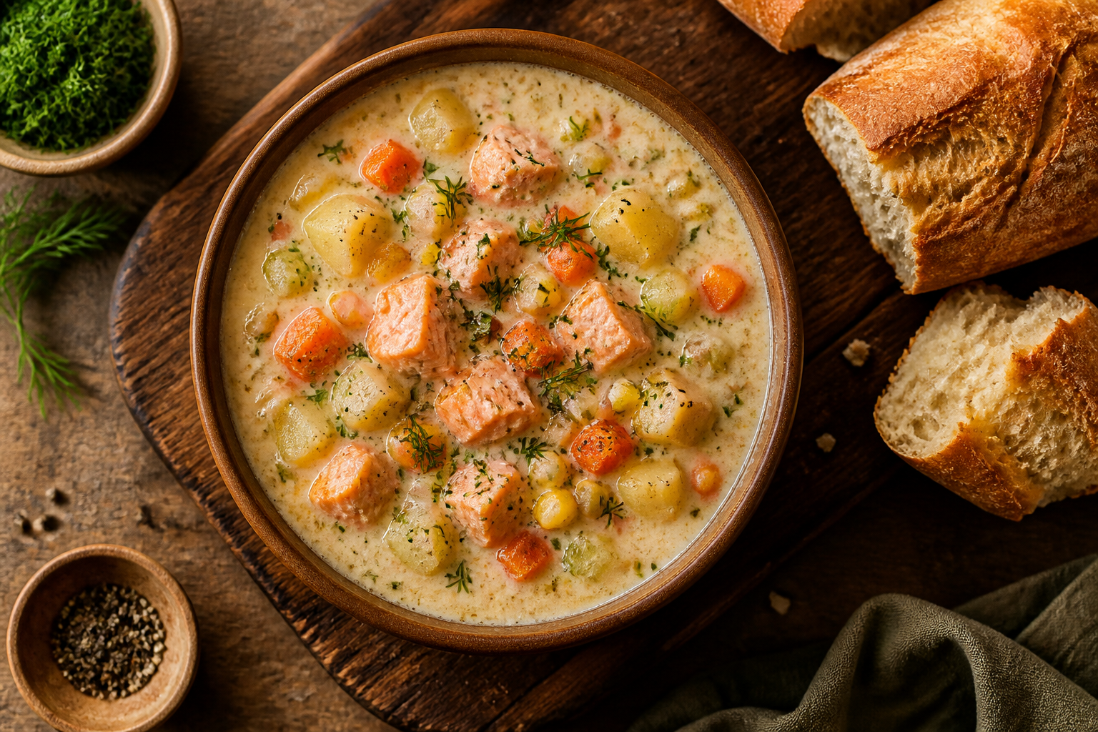Overhead shot of Salmon and Vegetable Chowder plated appetizingly in a wooden board