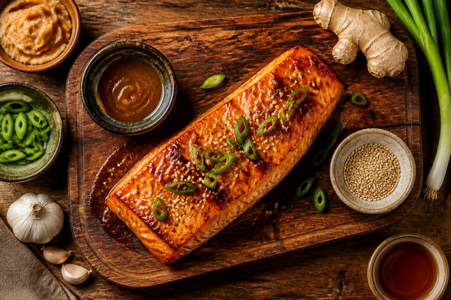 Overhead shot of Salmon with Miso Glaze plated appetizingly in a wooden board