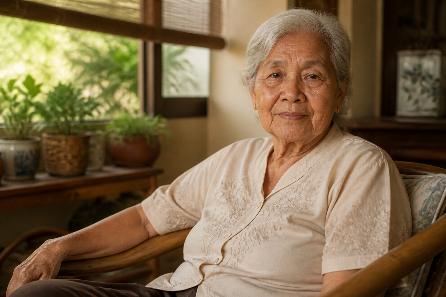 Filipino adult in their 70s in a warm home setting