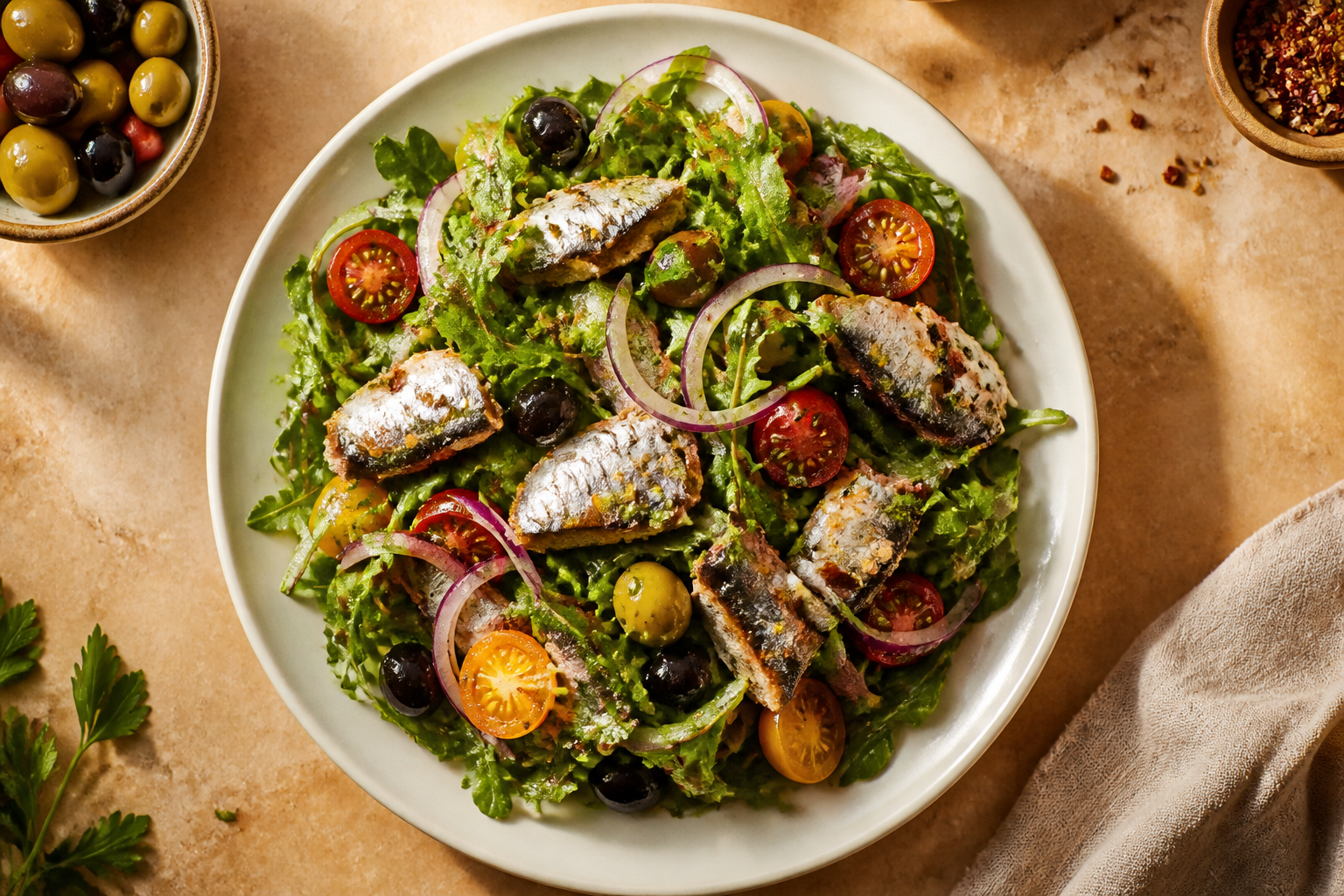 Overhead shot of Sardine and Arugula Mediterranean Salad plated appetizingly in a wide clean plate