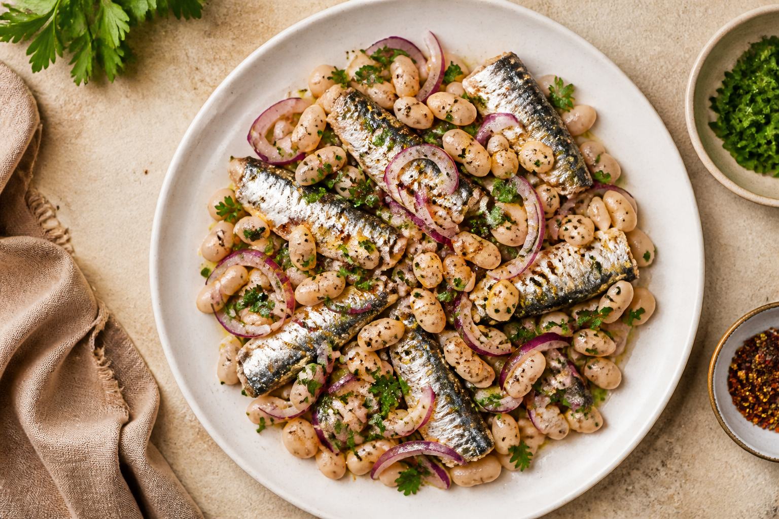 Overhead shot of Sardine and White Bean Salad with Parsley plated appetizingly in a wide clean plate