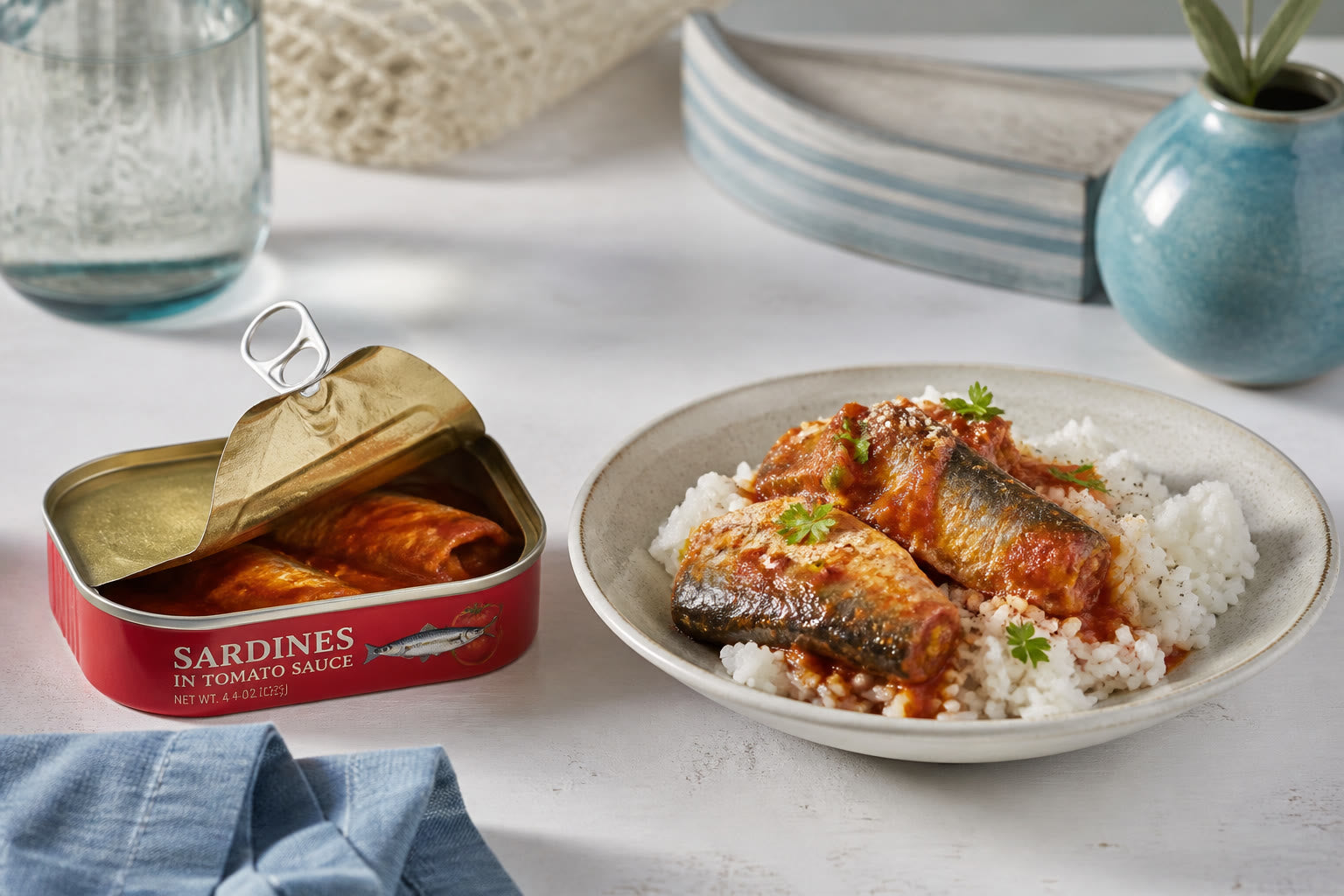Opened can of sardines in tomato sauce served over rice