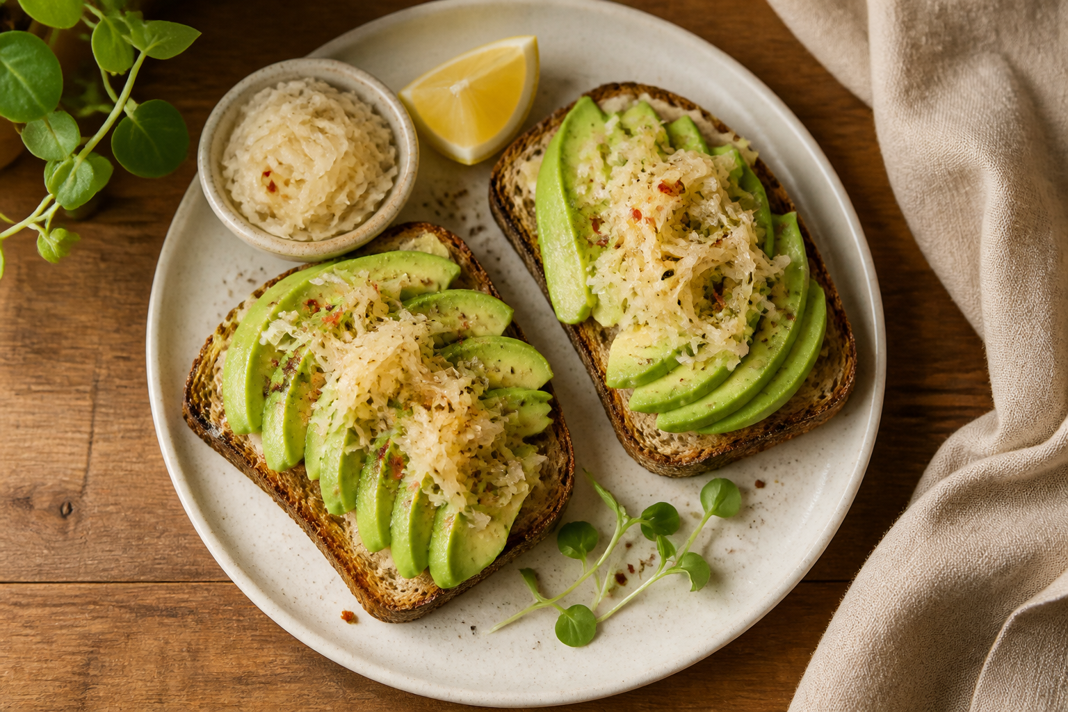 Overhead shot of Sauerkraut and Avocado Toast plated appetizingly in a clean plate