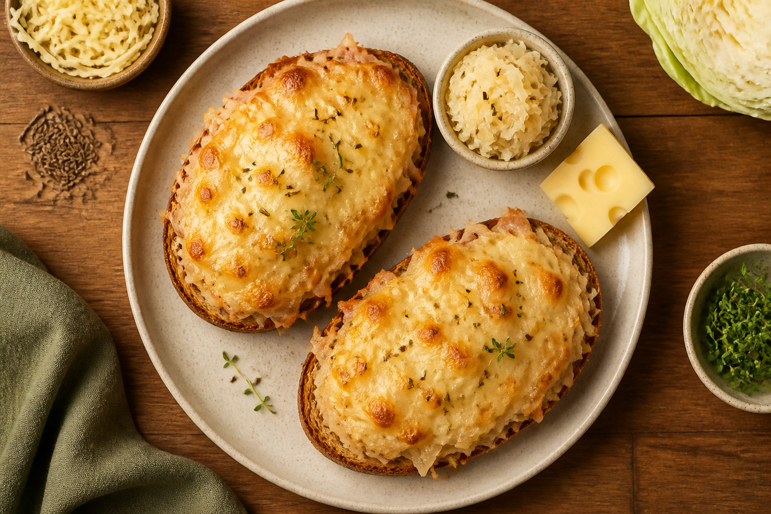 Overhead shot of Sauerkraut and Swiss Cheese Toast plated appetizingly in a clean plate