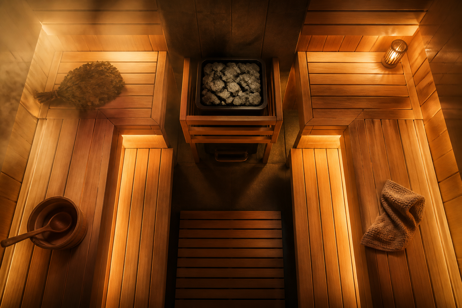 Overhead view of a traditional sauna interior