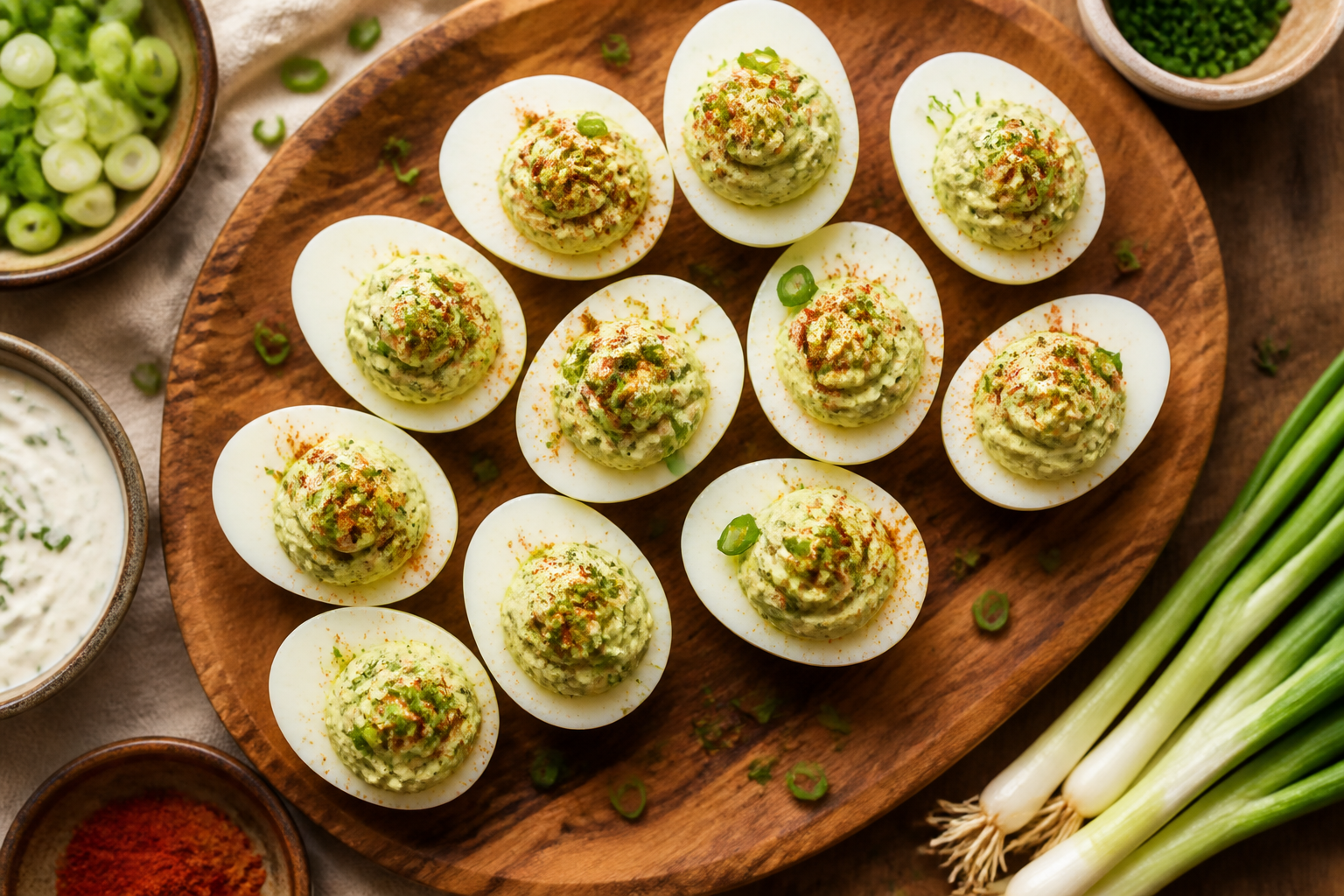Overhead shot of Scallion Yogurt Deviled Eggs plated appetizingly in a wooden board