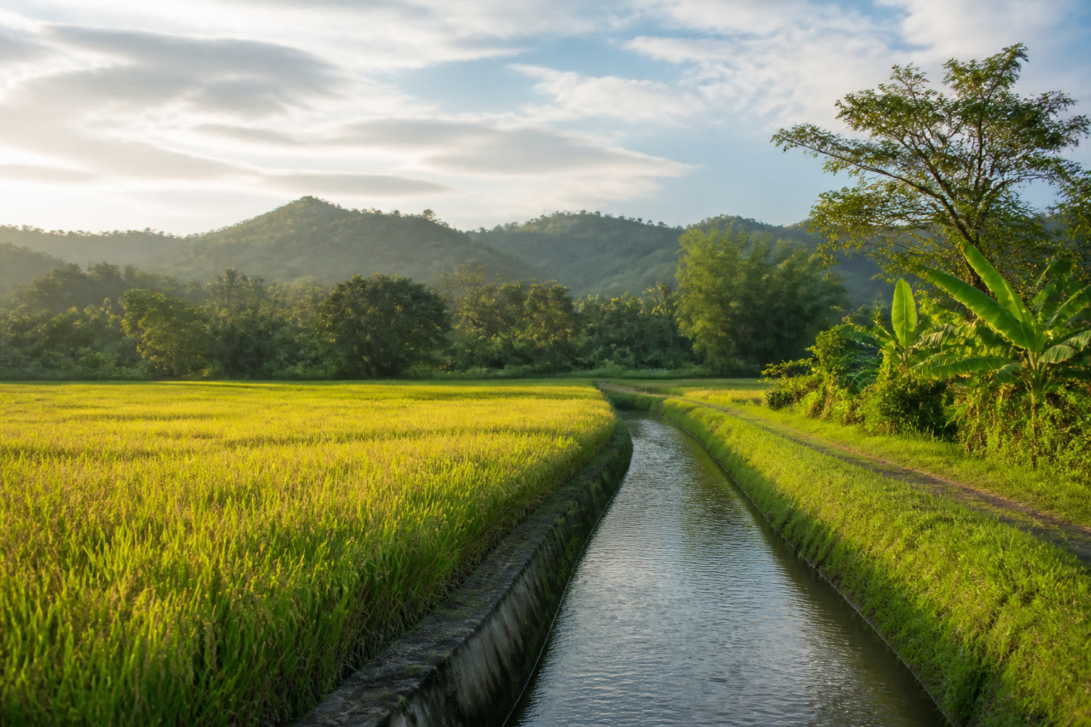 Scenic rice paddy and irrigation canal in warm daylight