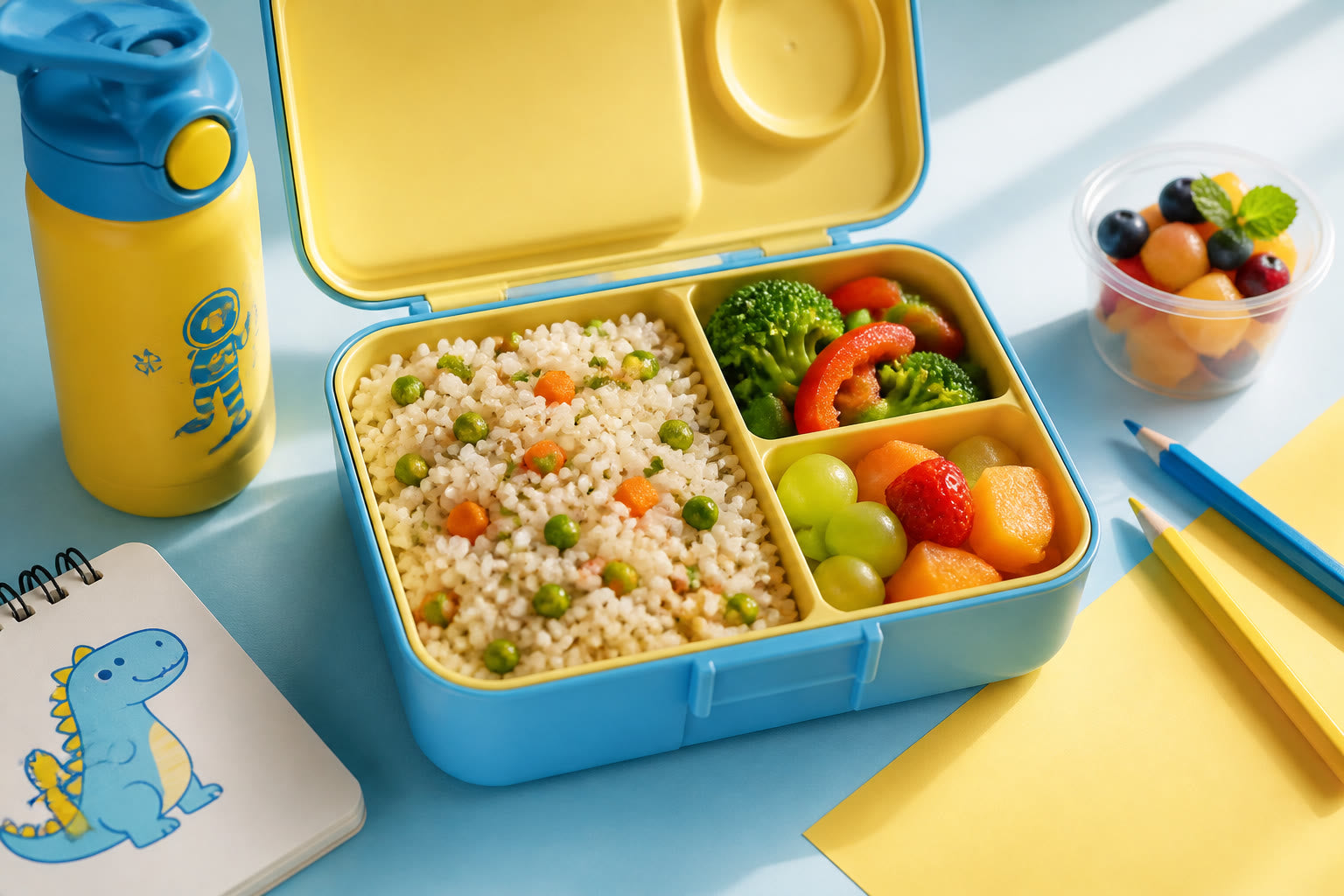 Open packed lunch box with rice, vegetables, and fruit