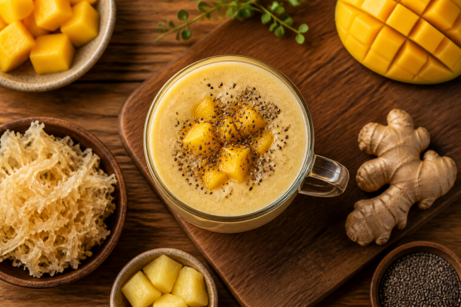 Overhead shot of Sea Moss Gel Smoothie plated appetizingly in a tall glass or mug