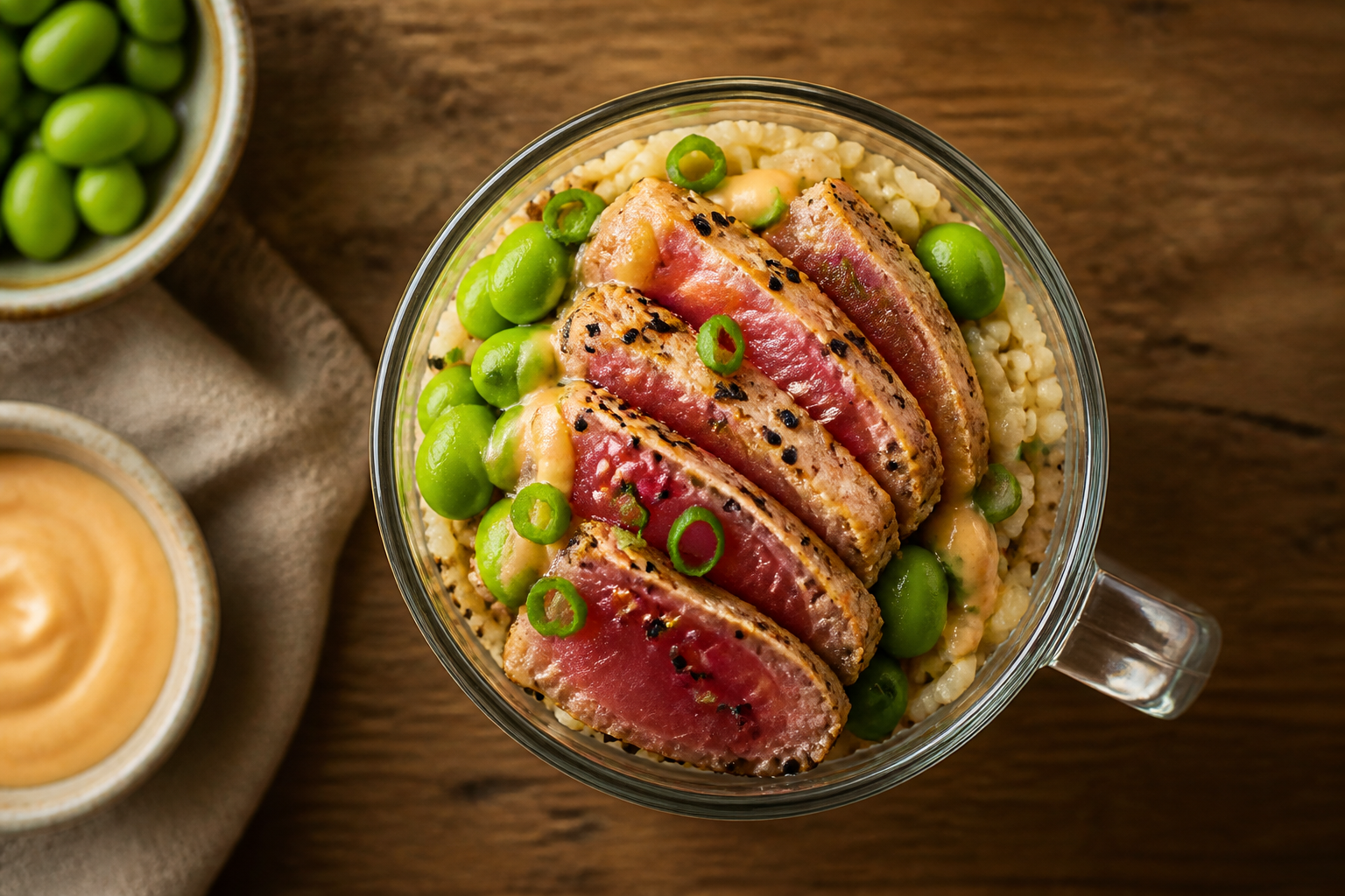 Overhead shot of Seared Tuna Steak with Edamame and Brown Rice plated appetizingly in a tall glass or mug
