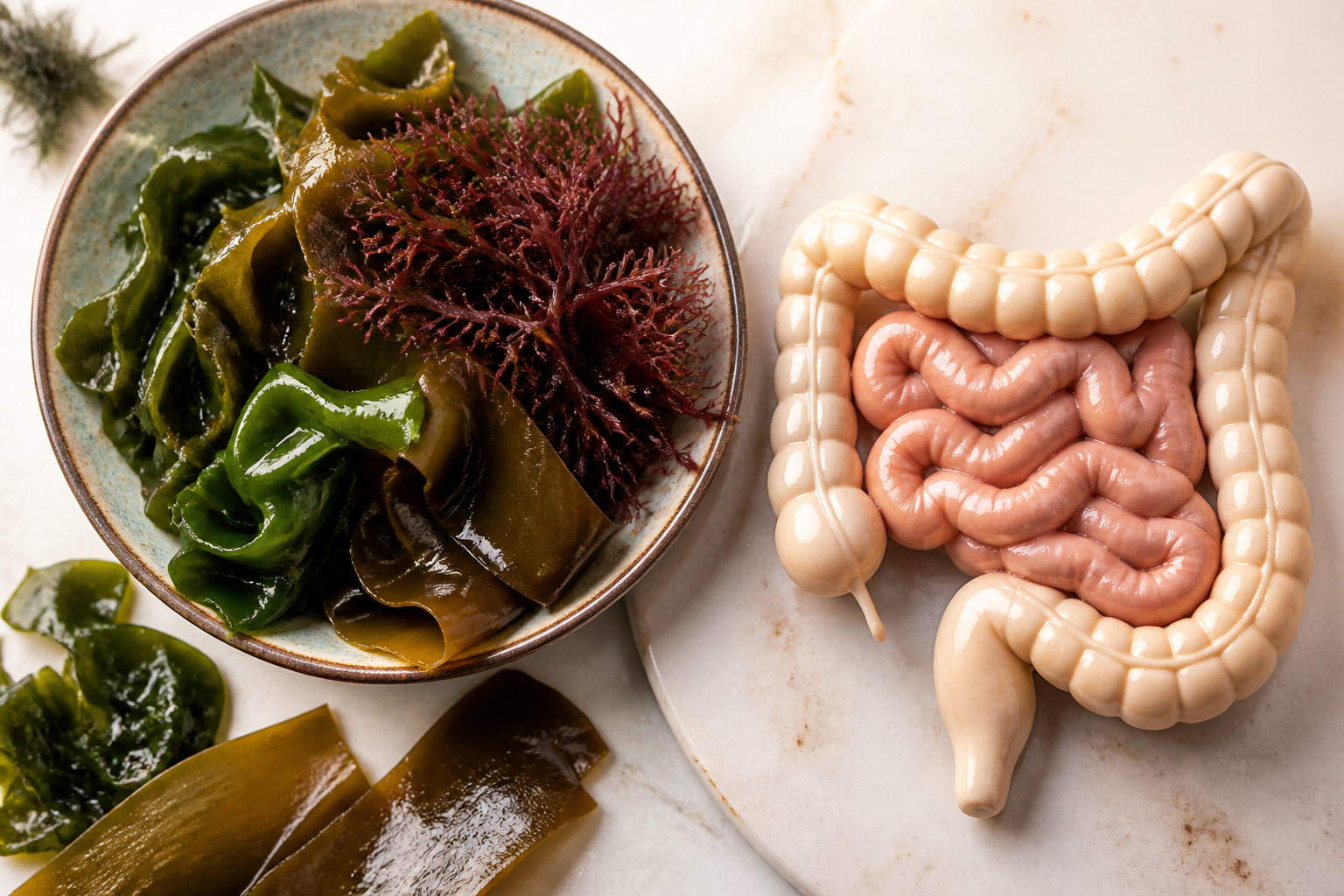 Close-up editorial still life of Seaweed and Your Gut on a clean wooden or marble surface