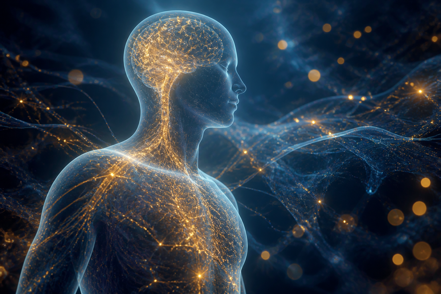 Abstract science-inspired illustration of glowing neural network paths on a soft translucent body silhouette