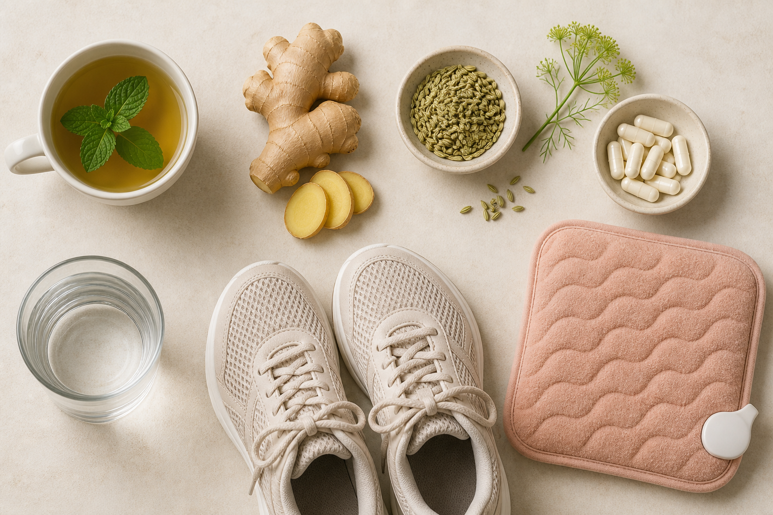 Flat lay of seven bloating remedies — peppermint tea