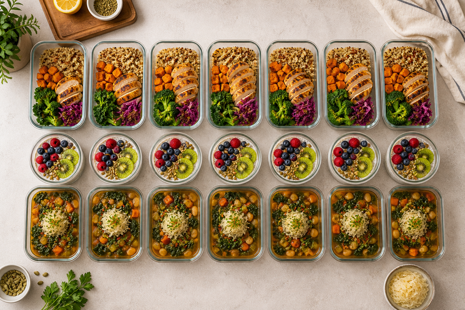 Overhead flat lay of a 7-day meal prep spread — labeled containers of gut-healthy meals — on a clean kitchen counter
