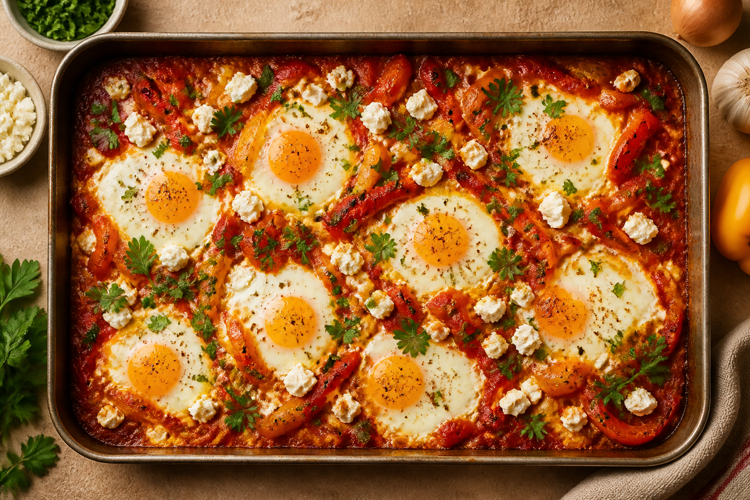 Overhead shot of Shakshuka with Feta and Fresh Herbs plated appetizingly in a baking tray